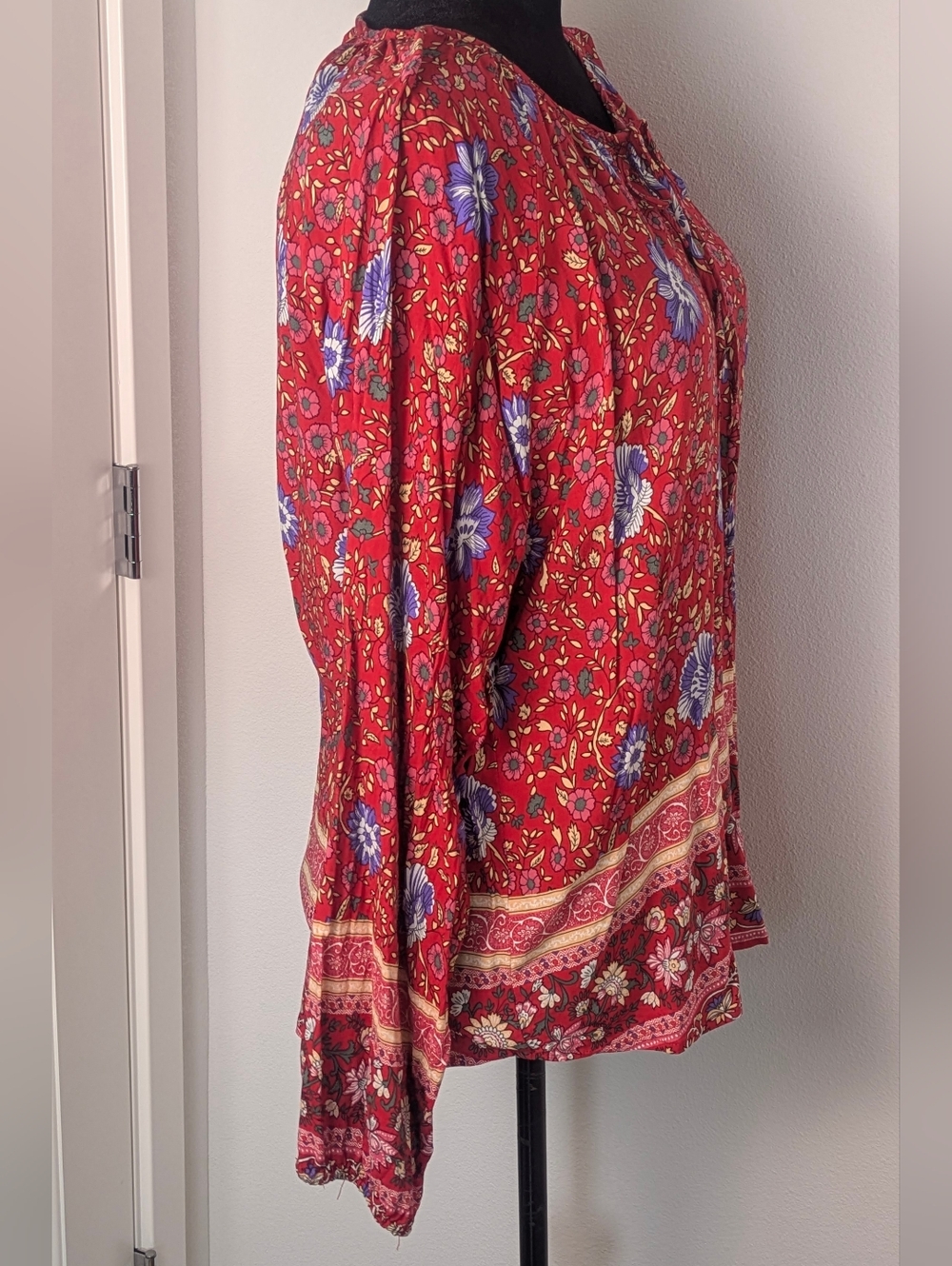 Novica Womens Red Mixed Floral Print Woven Top Blouse Bohemian Long Sleeve Sz L - Picture 5 of 11